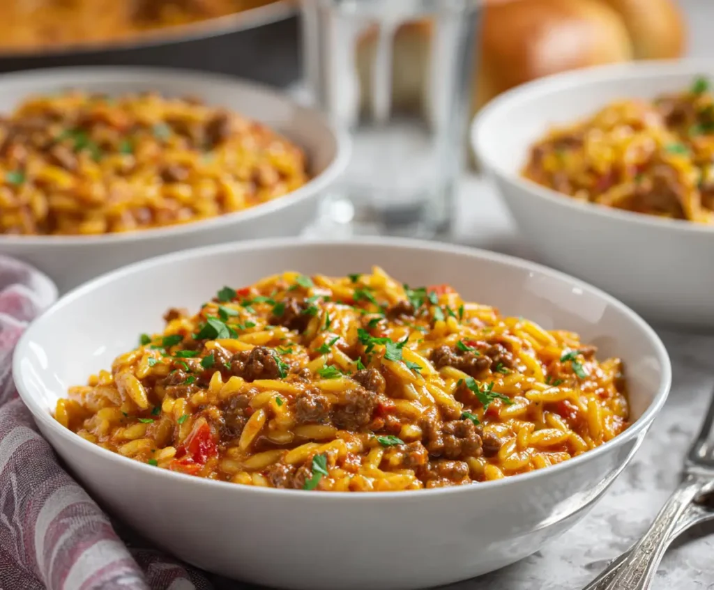 Ground Beef Orzo with Tomato Cream Sauce