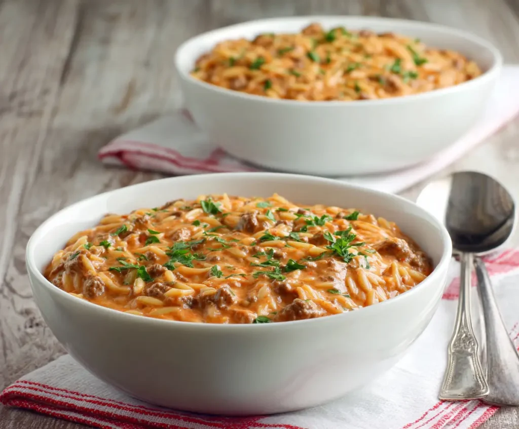 Ground Beef Orzo with Tomato Cream Sauce