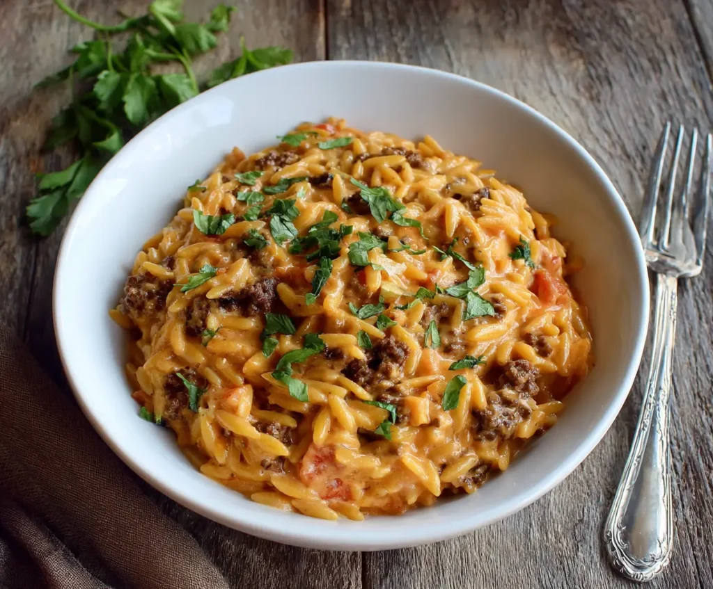 Ground Beef Orzo with Tomato Cream Sauce