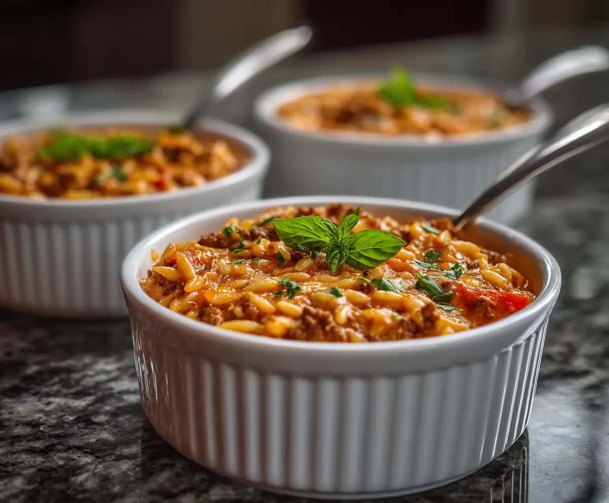Ground Beef Orzo with Tomato Cream Sauce