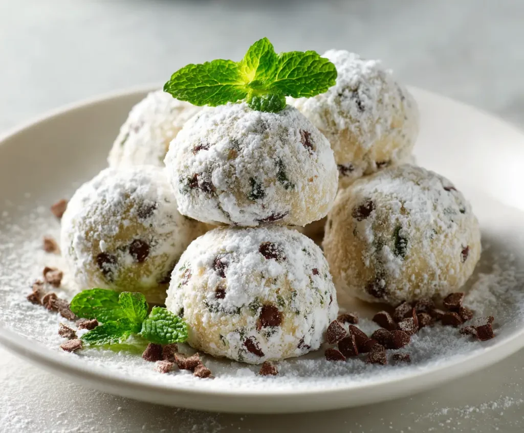 Mint Chocolate Chip Snowball Cookies
