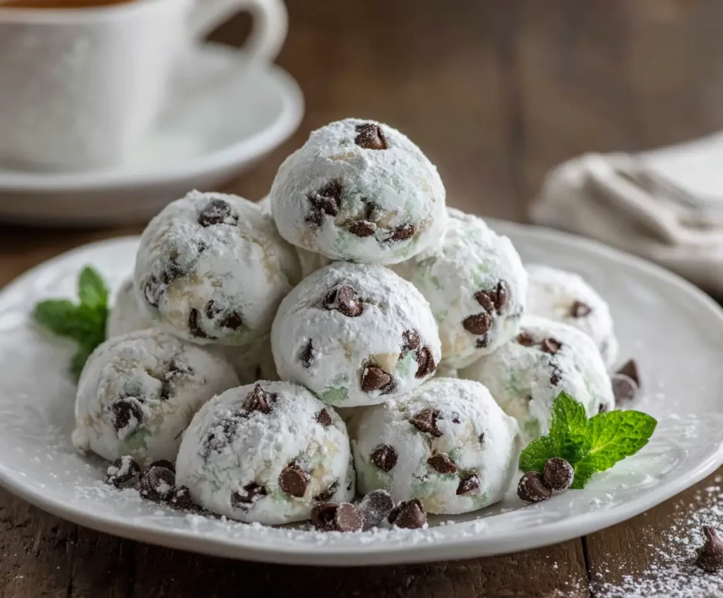 Mint Chocolate Chip Snowball Cookies 
