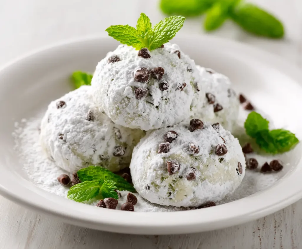 Mint Chocolate Chip Snowball Cookies