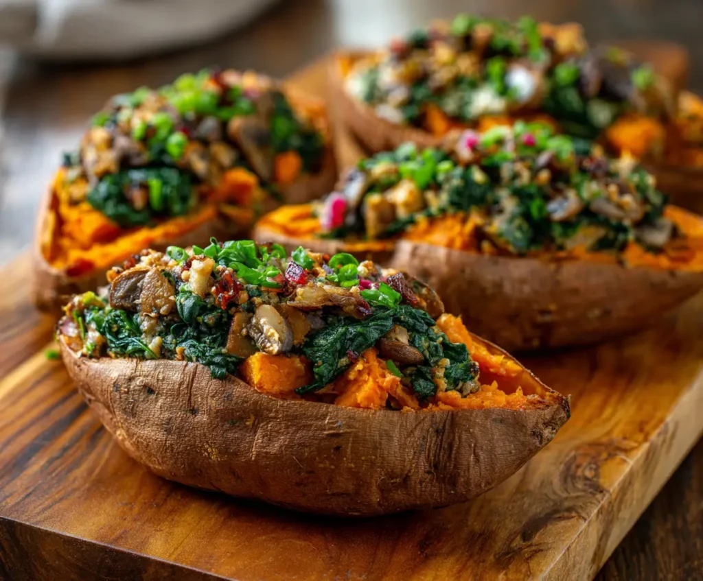 Stuffed Sweet Potatoes with Spinach Mushroom