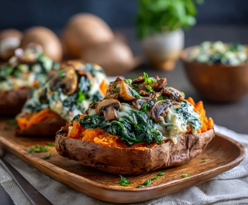 Stuffed Sweet Potatoes with Spinach Mushroom 