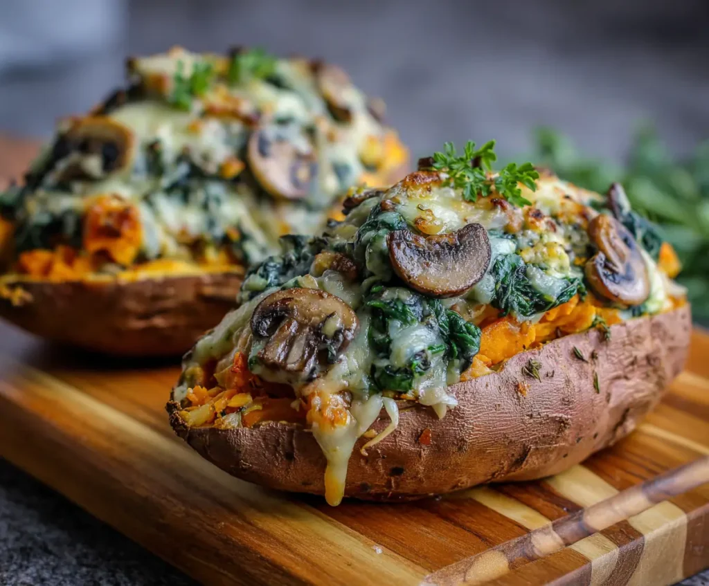 Stuffed Sweet Potatoes with Spinach Mushroom