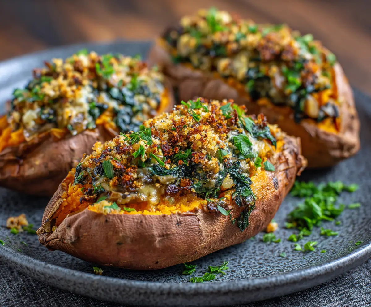 Stuffed Sweet Potatoes with Spinach Mushroom
