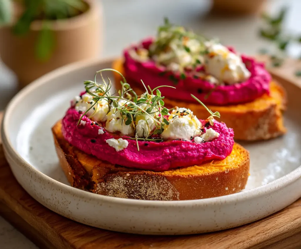 Sweet Potato Toast with Beet Hummus Burrata