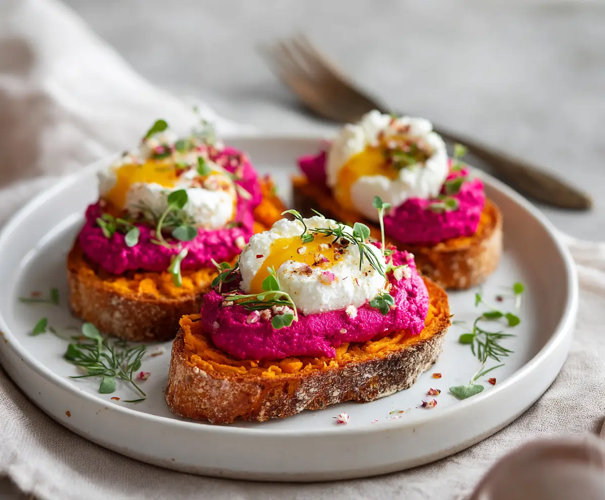 Sweet Potato Toast with Beet Hummus Burrata