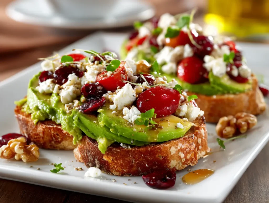 Avocado Toast with Feta Cherry Tomatoes Cranberries Walnuts