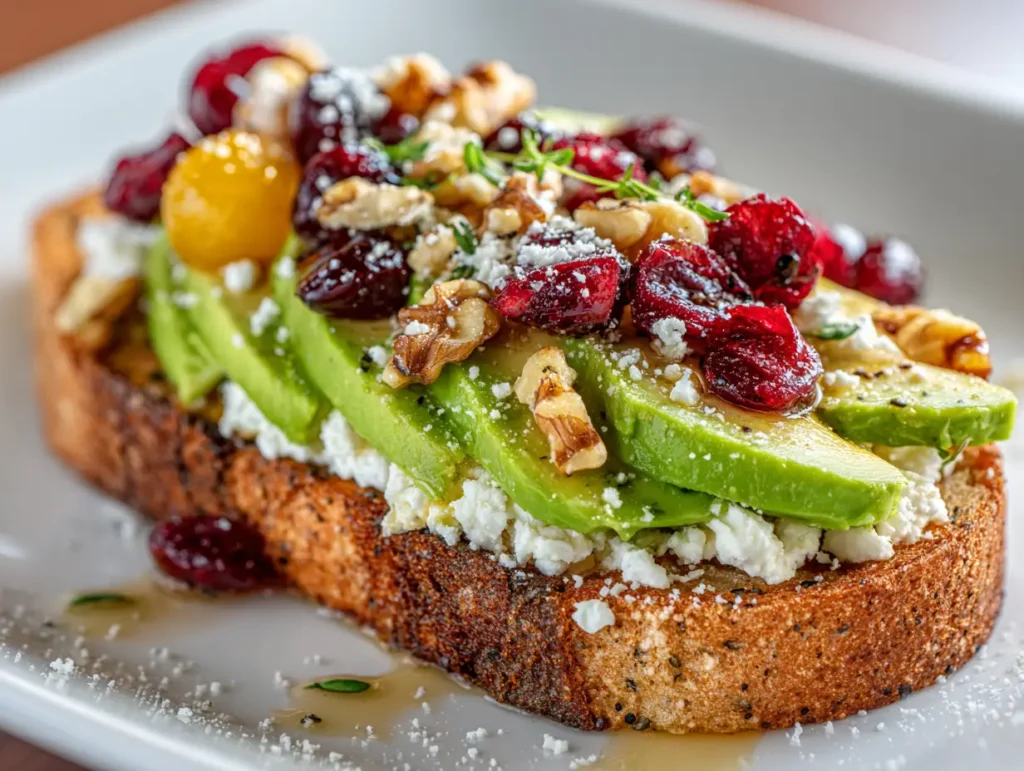 Avocado Toast with Feta Cherry Tomatoes Cranberries Walnuts