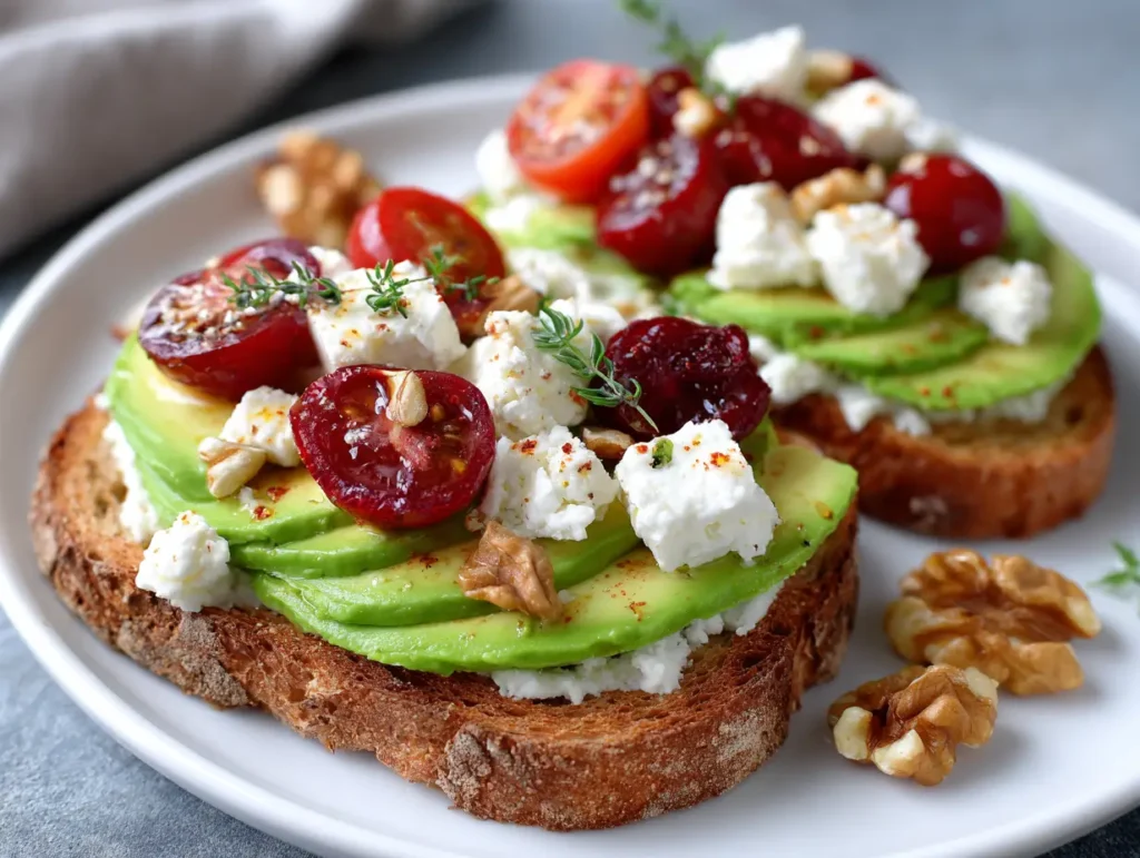 Avocado Toast with Feta Cherry Tomatoes Cranberries Walnuts