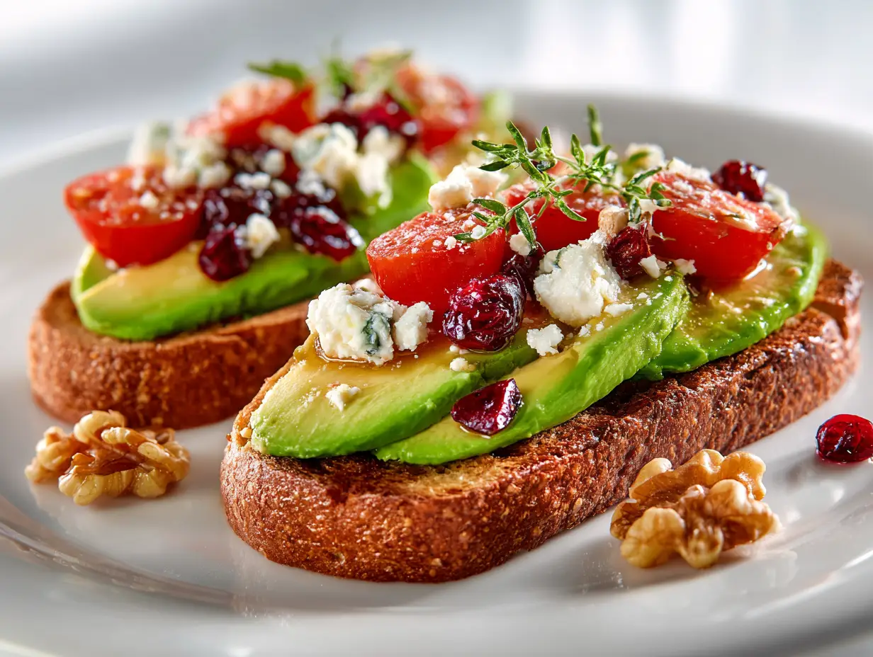 Avocado Toast with Feta Cherry Tomatoes Cranberries Walnuts